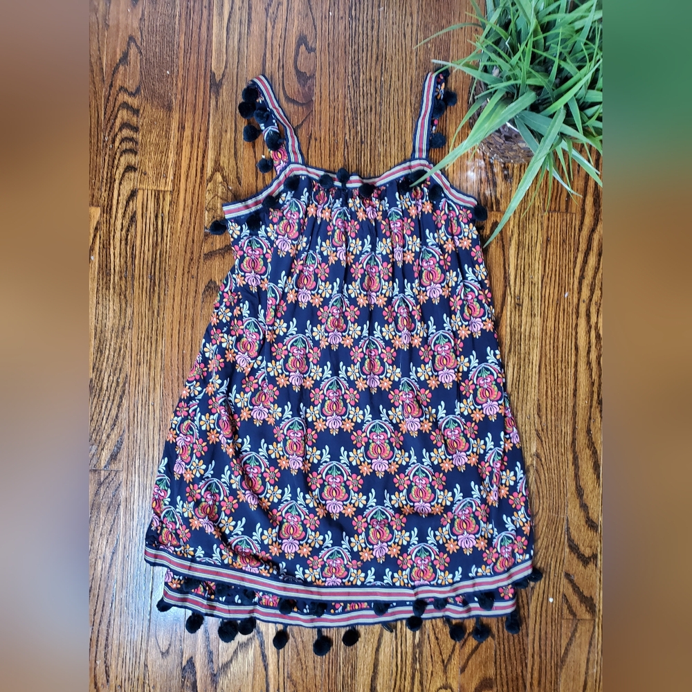 Crown & Ivy Navy Red & Pink Moroccan Floral Sleeveless with Pom Pom Trim Dress